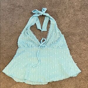 Light Blue Halter Top with Lace Trim